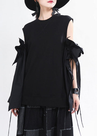 Art Black O-neck Drawstring Flare Sleeve Shirts Spring
