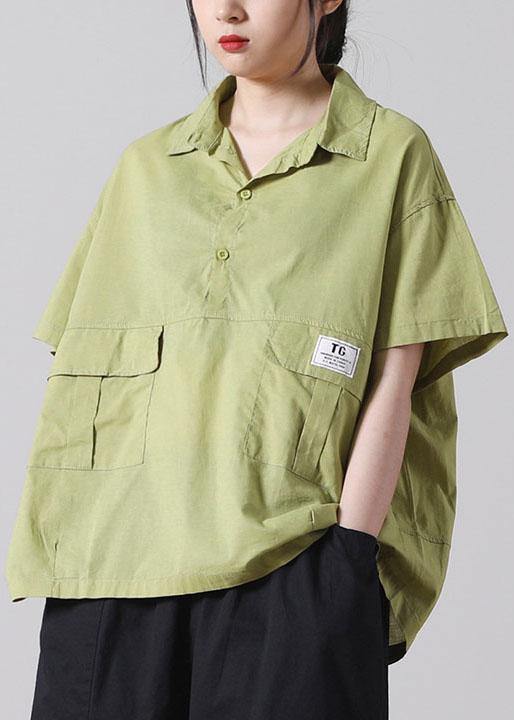 Green Pockets Cotton Blouse Tops Short Sleeve