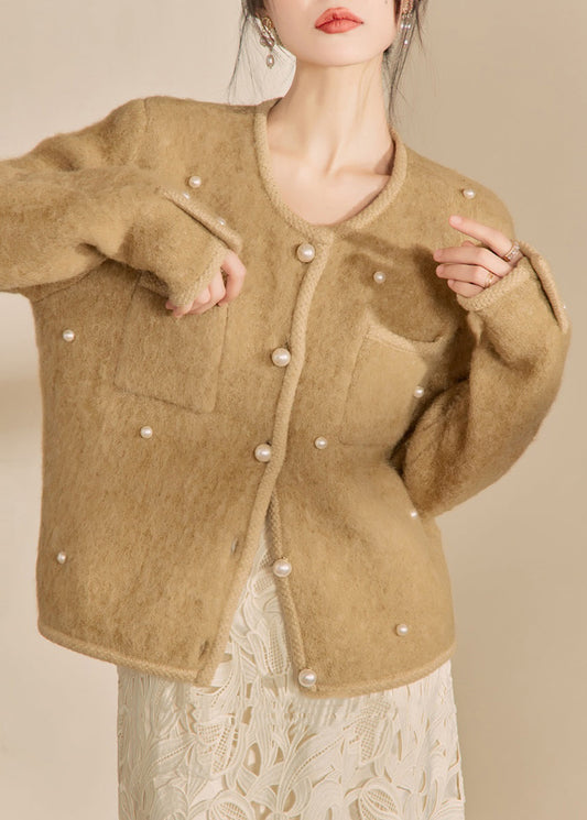 Yellow O Neck Pockets Button Woolen Coat Fall