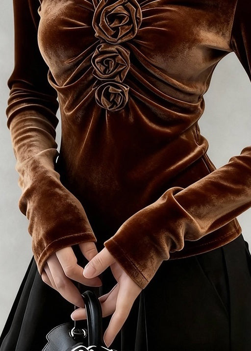 Coffee V Neck Wrinkled Silk Velour T Shirt Winter