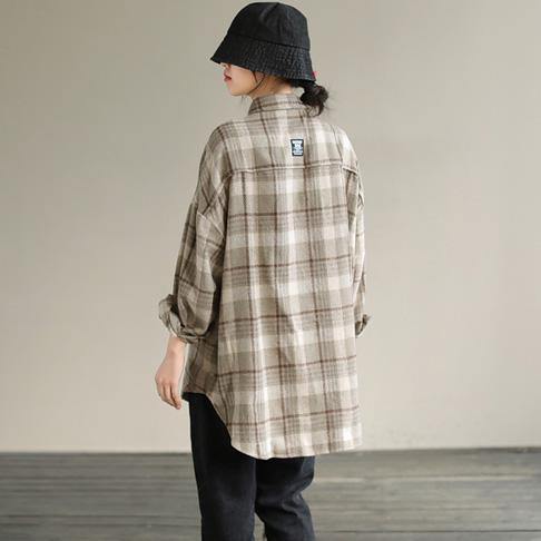 Lapel Patchwork Spring Tunic Pattern Design Khaik Plaid Shirt