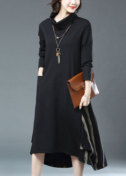 Black Striped Pockets Patchwork Cotton Dress Fall
