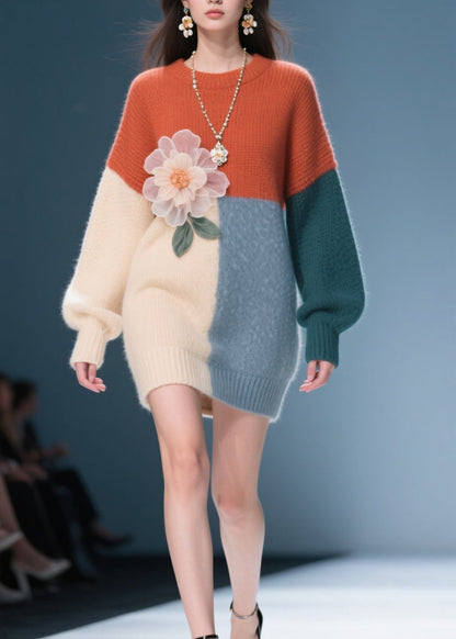 Classy Colorblock O Neck Knit Dress Fall