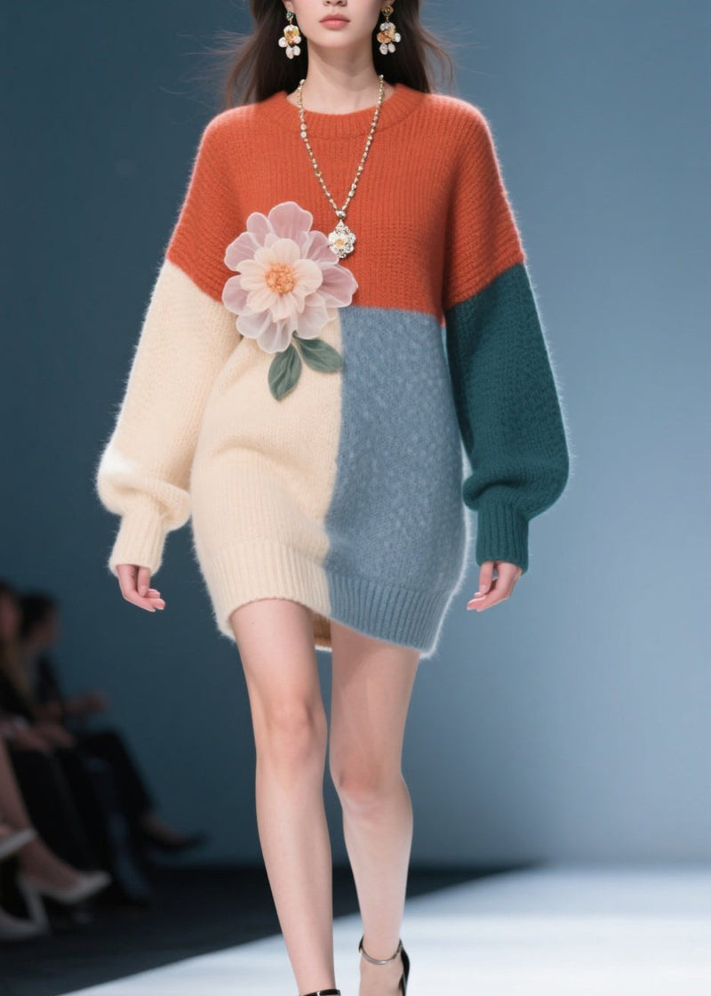 Classy Colorblock O Neck Knit Dress Fall