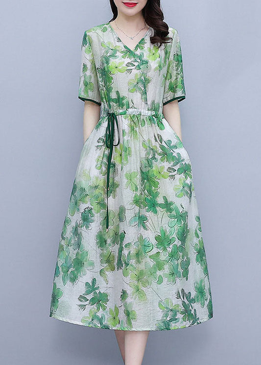 Green V Neck Drawstring Print Silk Cinch Dresses Short Sleeve