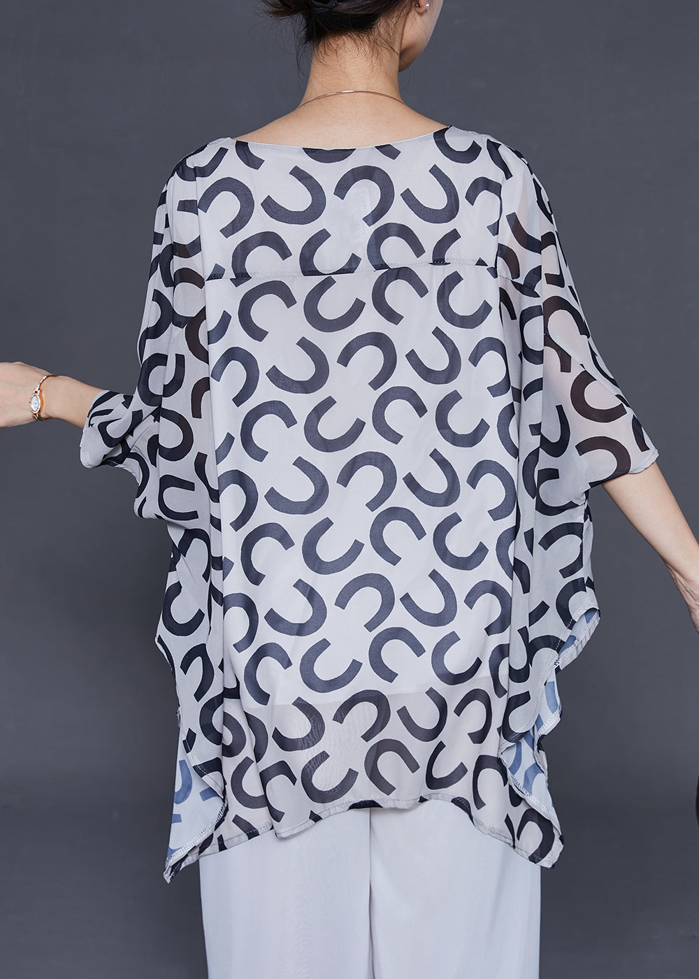 White Oversized Print Chiffon Tank Tops Batwing Sleeve