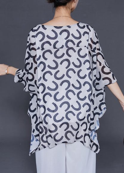 White Oversized Print Chiffon Tank Tops Batwing Sleeve