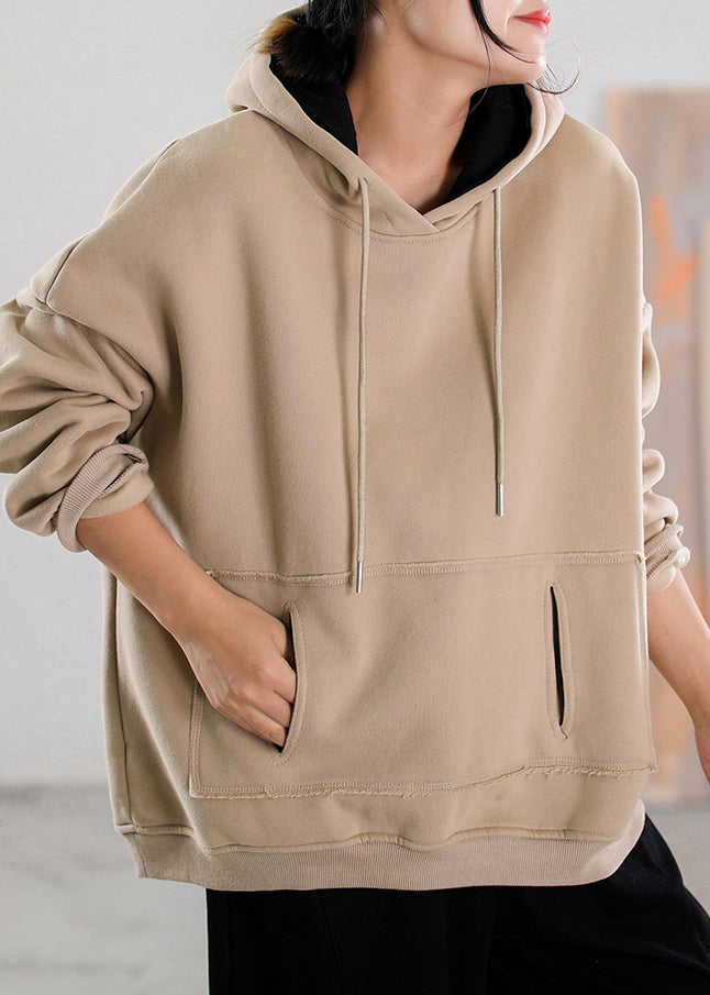 Khaki Patchwork Drawstring Warm Fleece Hoodies Pullover Fall