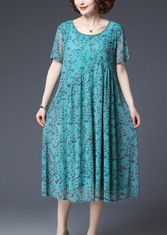 Loose Green O-neck Print Chiffon Long Dress Short Sleeve