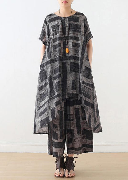 Gray Prints Chiffon Two Pieces Side Open Tops and Elastic Waist Wide Leg Pants