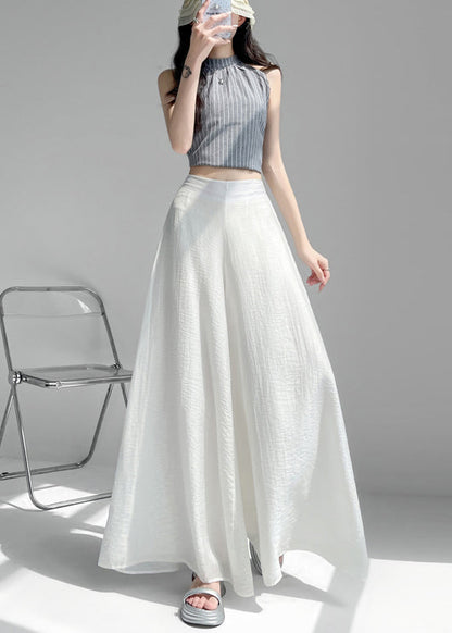 Classy White Elastic Waist Draping Linen Silk Wide Leg Pants Summer