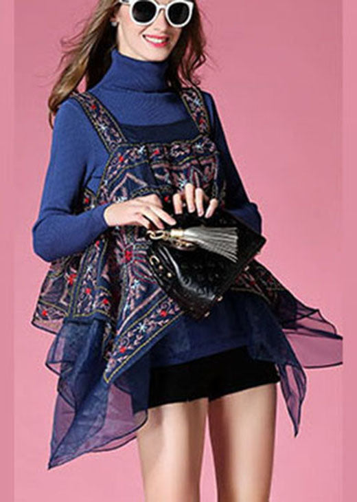 Navy Knit Sweaters + Organza Asymmetrical Design Fall Sets 2 Pieces