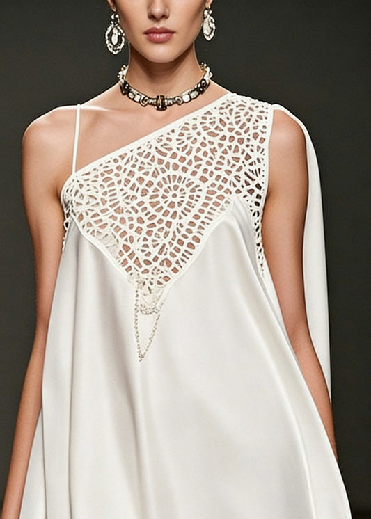 Stylish White Asymmetrical Hollow Out Silk Mini Dress Sleeveless