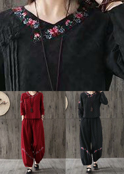 Red V Neck Wrinkled Embroideried Cotton Two Piece Set Spring