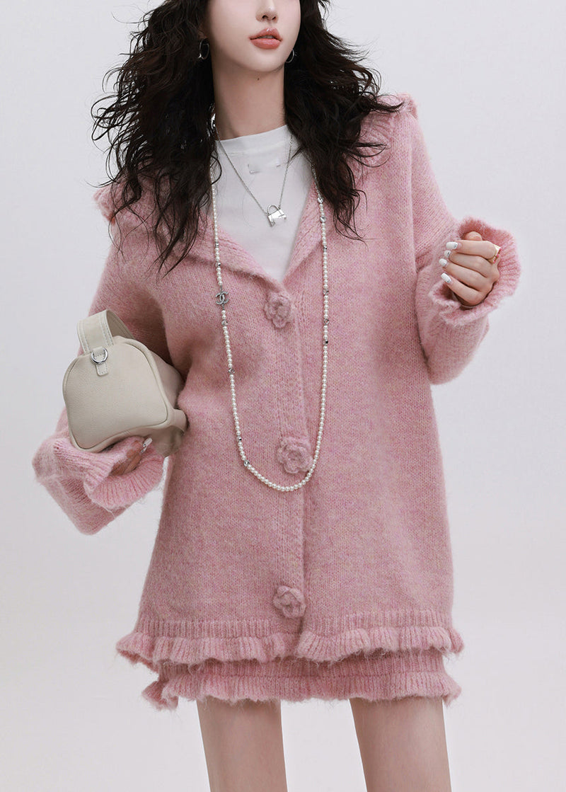 Pink Ruffled Patchwork Cotton Knit Hooded Cardigan and Skirts Two Piece Set Fall