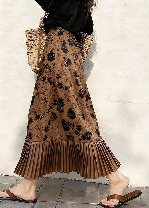 Coffee Print Pleated Patchwork Skirts Spring