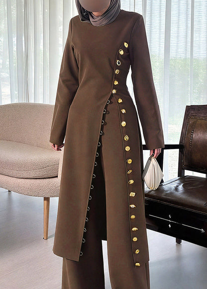 Slim Fit Coffee O-neck Patchwork Button Trench Coats Fall