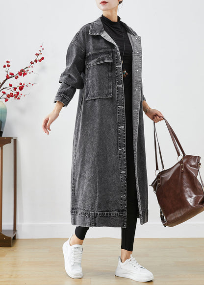 Black Oversized Pockets Denim Trench Coats Fall
