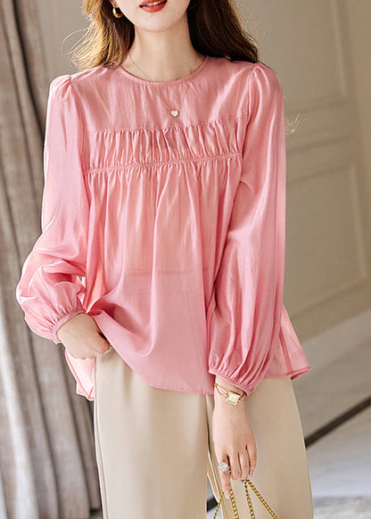 Pink O-neck Patchwork Silk Top Fall