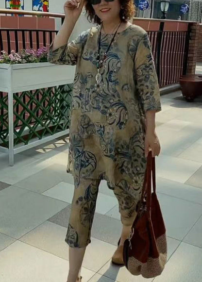 Khaki O-neck Print Linen Two Piece Suit Set Half Sleeve