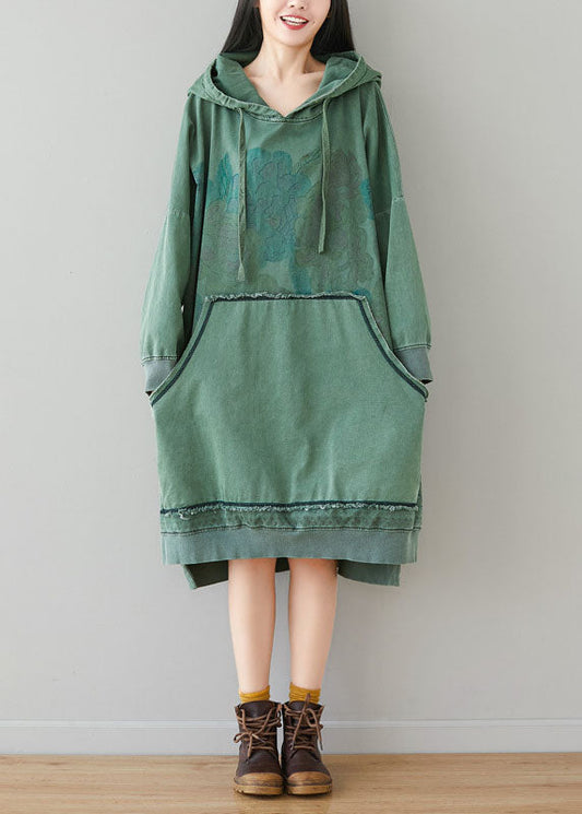 Light Green Sweatshirt Dresses Hooded Drawstring Pockets Spring