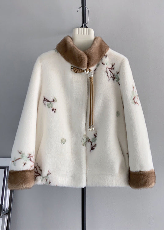 Beige Stand Collar Tasseled Embroideried Mink Cashmere Jackets Winter