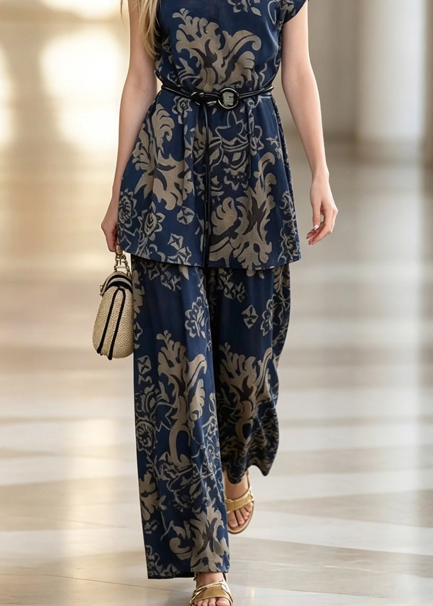 Blue V Neck Print Shirt and Wide Leg Pants Two Piece Set Summer