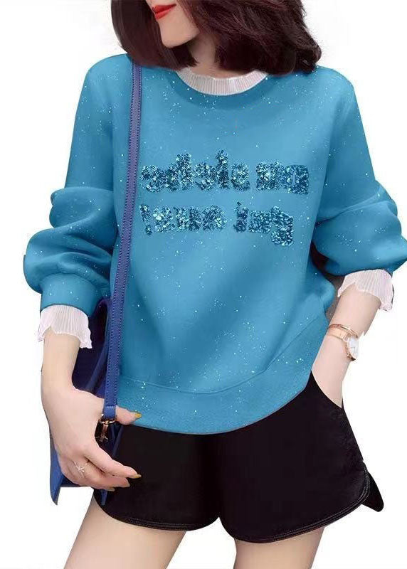 Blue Embroideried Patchwork Ruffled Fall Sweatshirt Street Wear