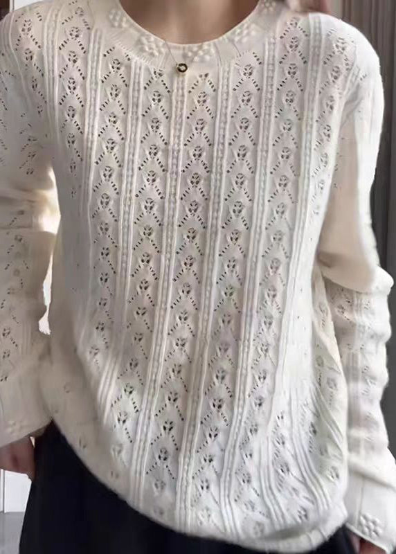 White O Neck Hollow Out Knit Top Fall