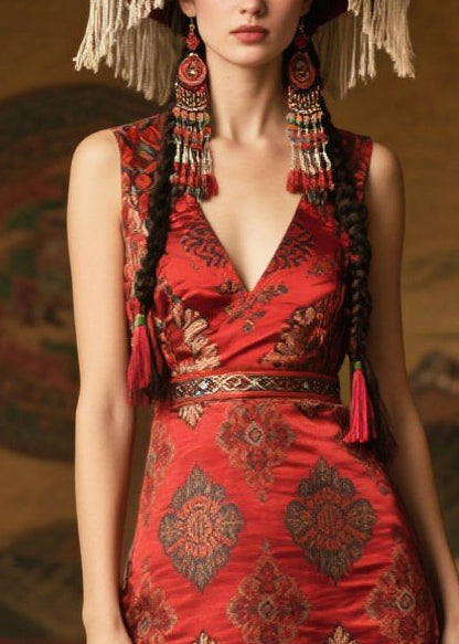 Silm Fit Red Print Side Open Silk Dress Sleeveless