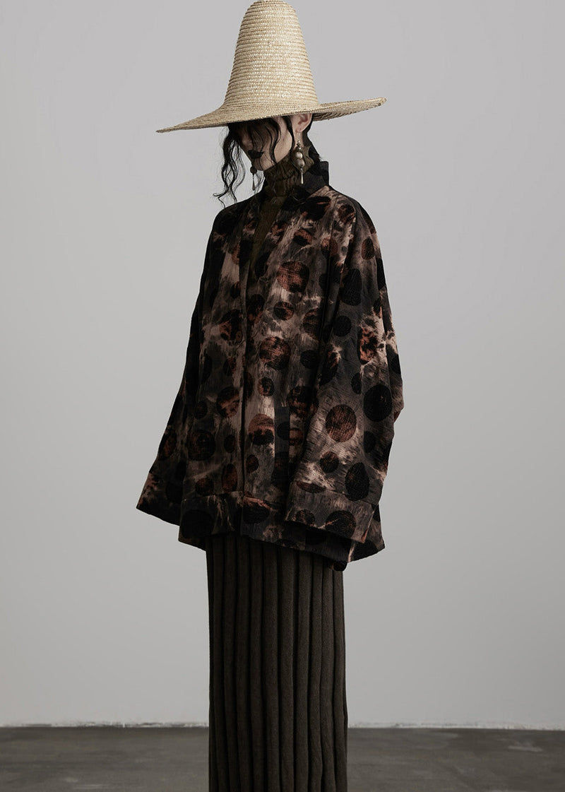 Coffee V Neck Button Tie Dye Cotton Coats Fall