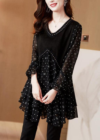 Black V Neck Dot Patchwork Layered Design Chiffon Tops Long Sleeve