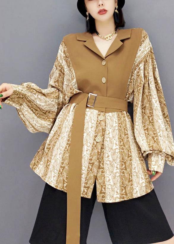 Organic Khaki Fall Patchwork Tie Waist Long Sleeve Top