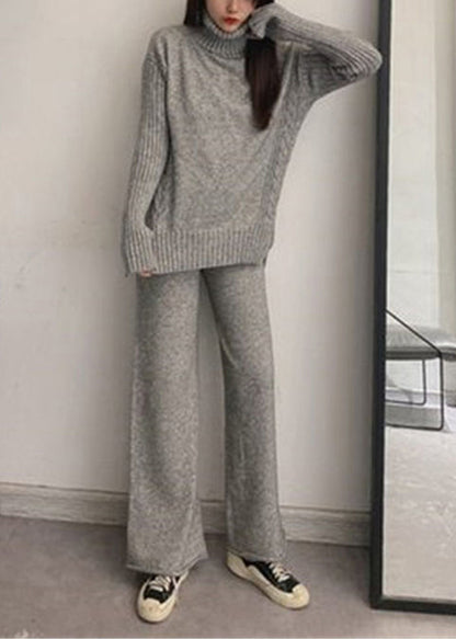 French Apricot Hign Neck Tops and Pants Knit Two Pieces Set Autumn