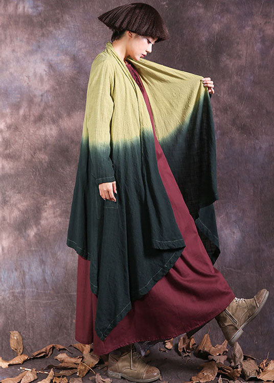 Yellow Green Pockets Gradient Color Cotton Cardigan Spring