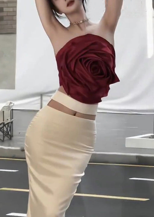 Red Tank and Beige Skirts Cotton Two Pieces Set Sleeveless Summer