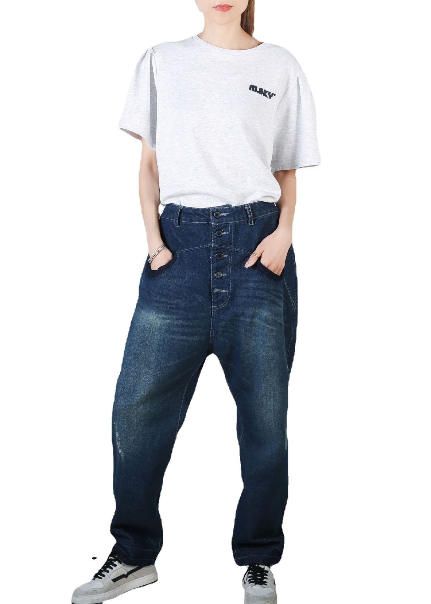 Navy Pockets Patchwork Denim Straight Pants Summer