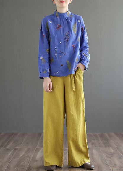 Blue Patchwork Linen Shirt Tops Embroideried Stand Collar Long Sleeve
