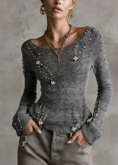 Unique Grey O Neck Nail Bead Zircon Knit Top Spring