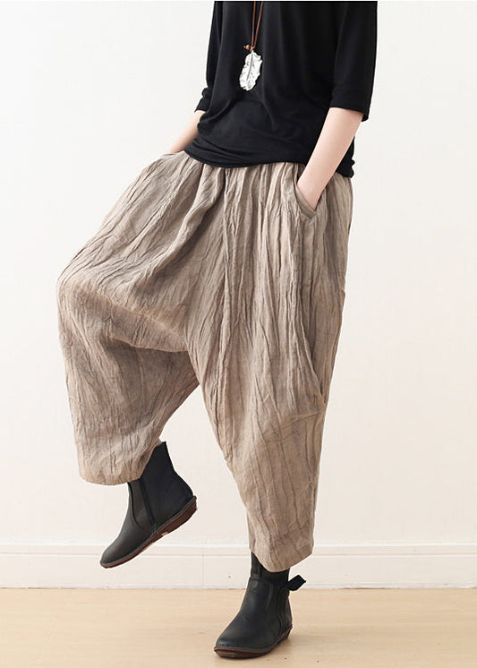 Khaki Tie Dye Wrinkled Linen Harem Pants Fall