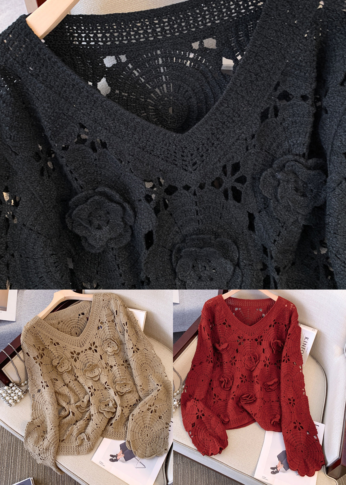 Boutique Red Oversized Decorated Knit Sweaters Fall