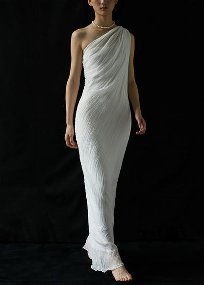White One-shoulder Wrinkled Silk Long Dresses Summer