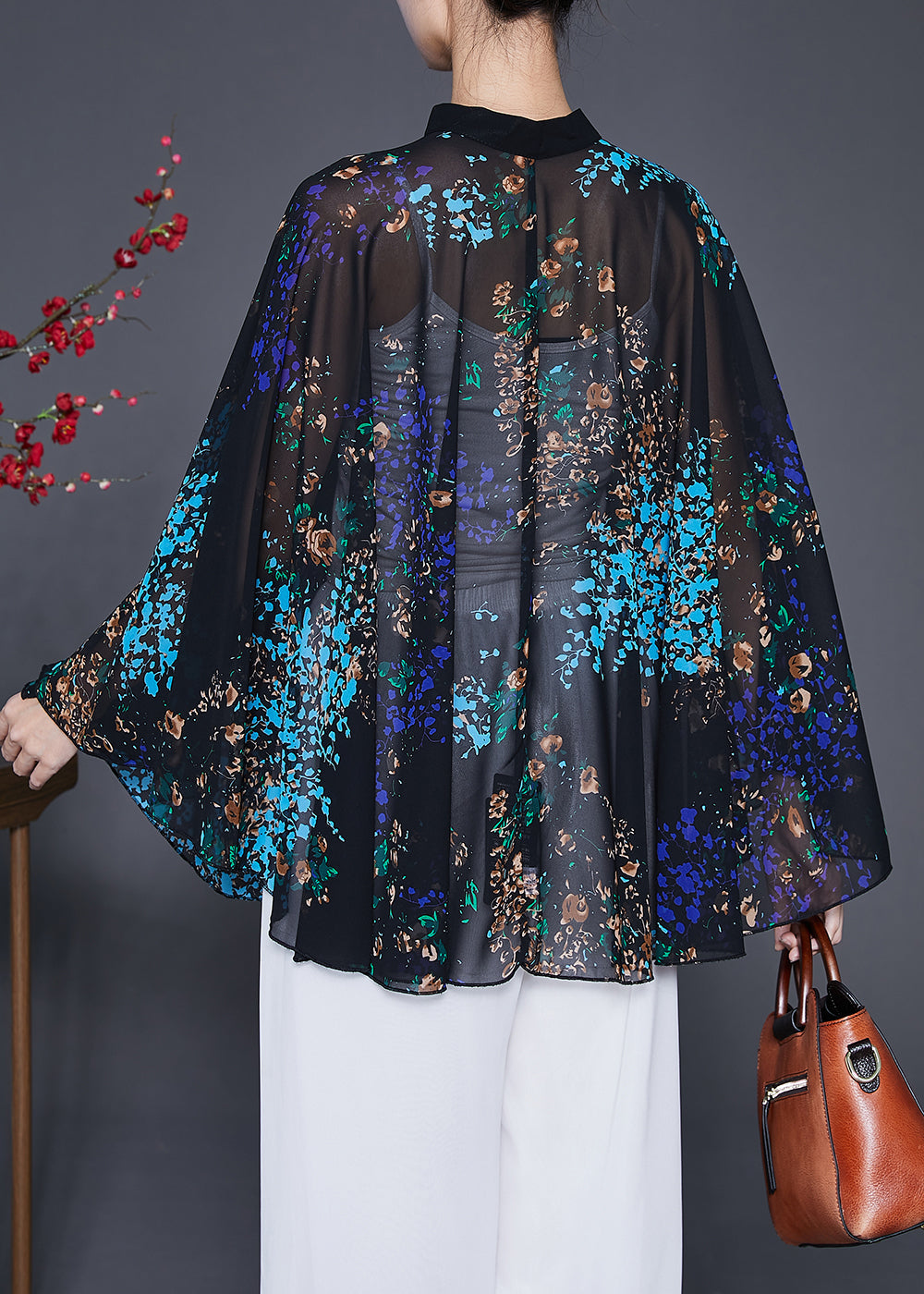 Classy Black Oversized Print Chiffon Upf 50+ Smock Fall