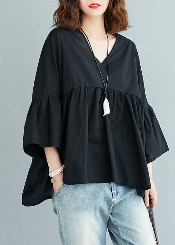 Green Feather V Neck Patchwork Asymmetrical Design Fall Top Three Quarter Sleeve