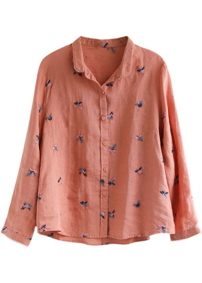 Diy Orange Embroideried Loose Linen Shirts Spring
