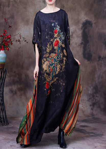 Slim Fit Black Yellow Colour O-neck Print Patchwork Silk Maxi Dress Long Sleeve