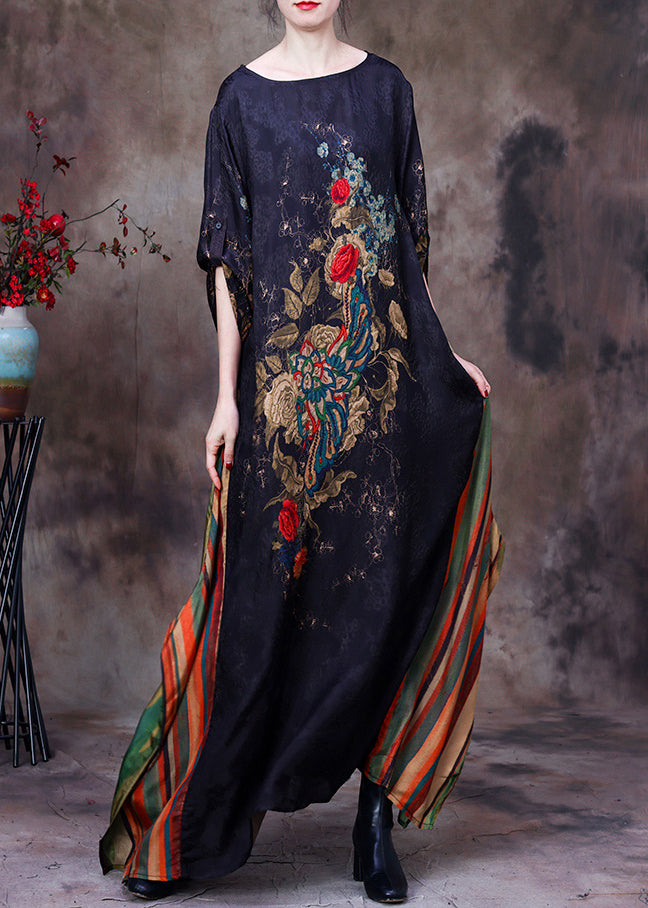 Slim Fit Black Yellow Colour O-neck Print Patchwork Silk Maxi Dress Long Sleeve