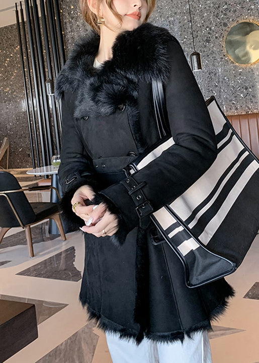 Classy Pink Fur Collar Tie Waist Leather and Fur Coats Winter