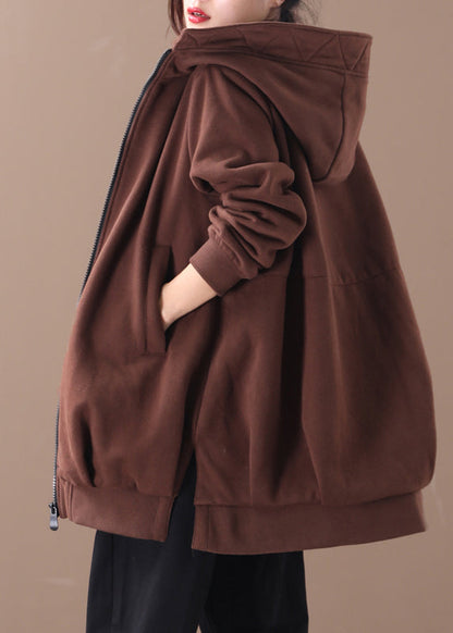 Chocolate Zippered Low High Design Hooded Coats Long Sleeve