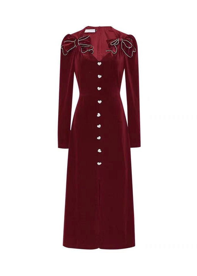 Red V Neck Bow Tie Waist Patchwork Velour Long Dress Fall